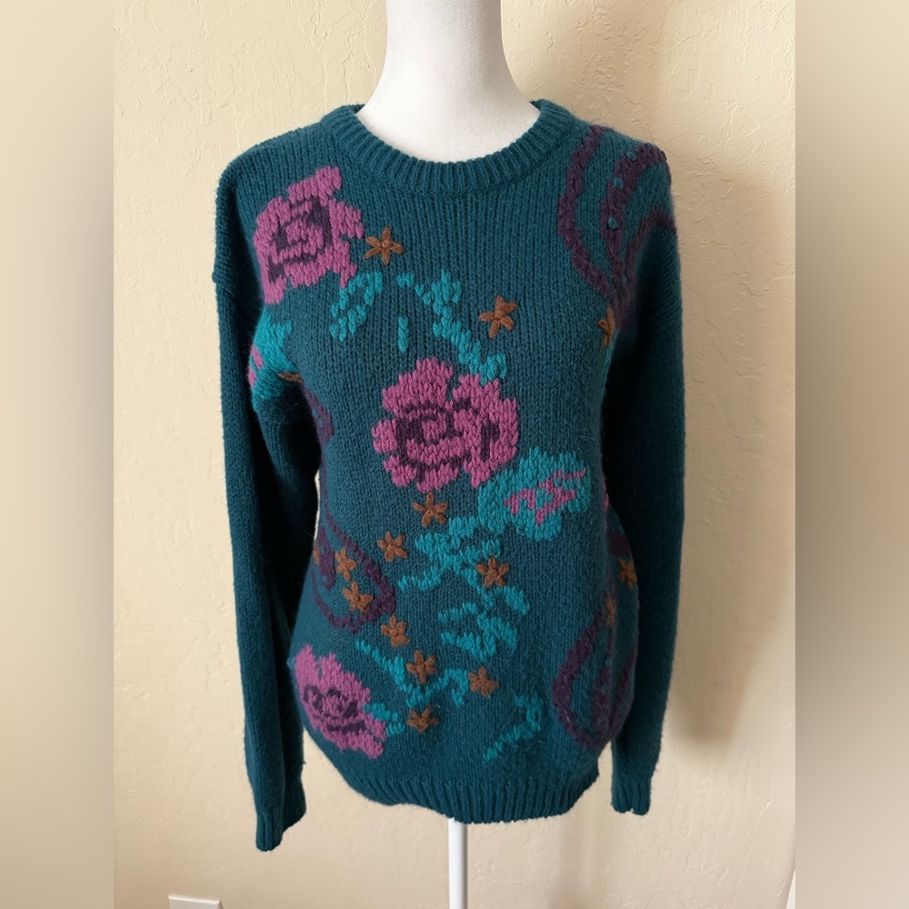 Retro Teal Sweater with Floral Pattern